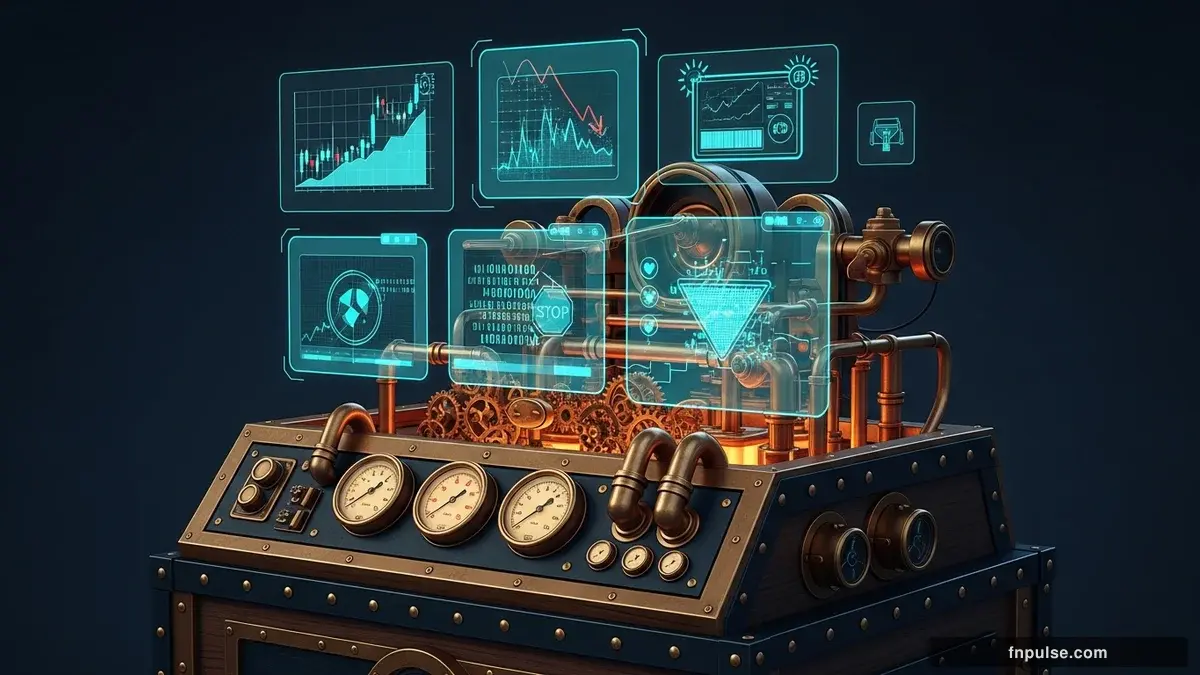 A steampunk globe with brass meridian lines and copper continent plates, surrounded by glowing teal financial data streams, candlestick charts, and holographic trading network connections — editorial illustration for "Pre-Trade Risk Management Checklist".